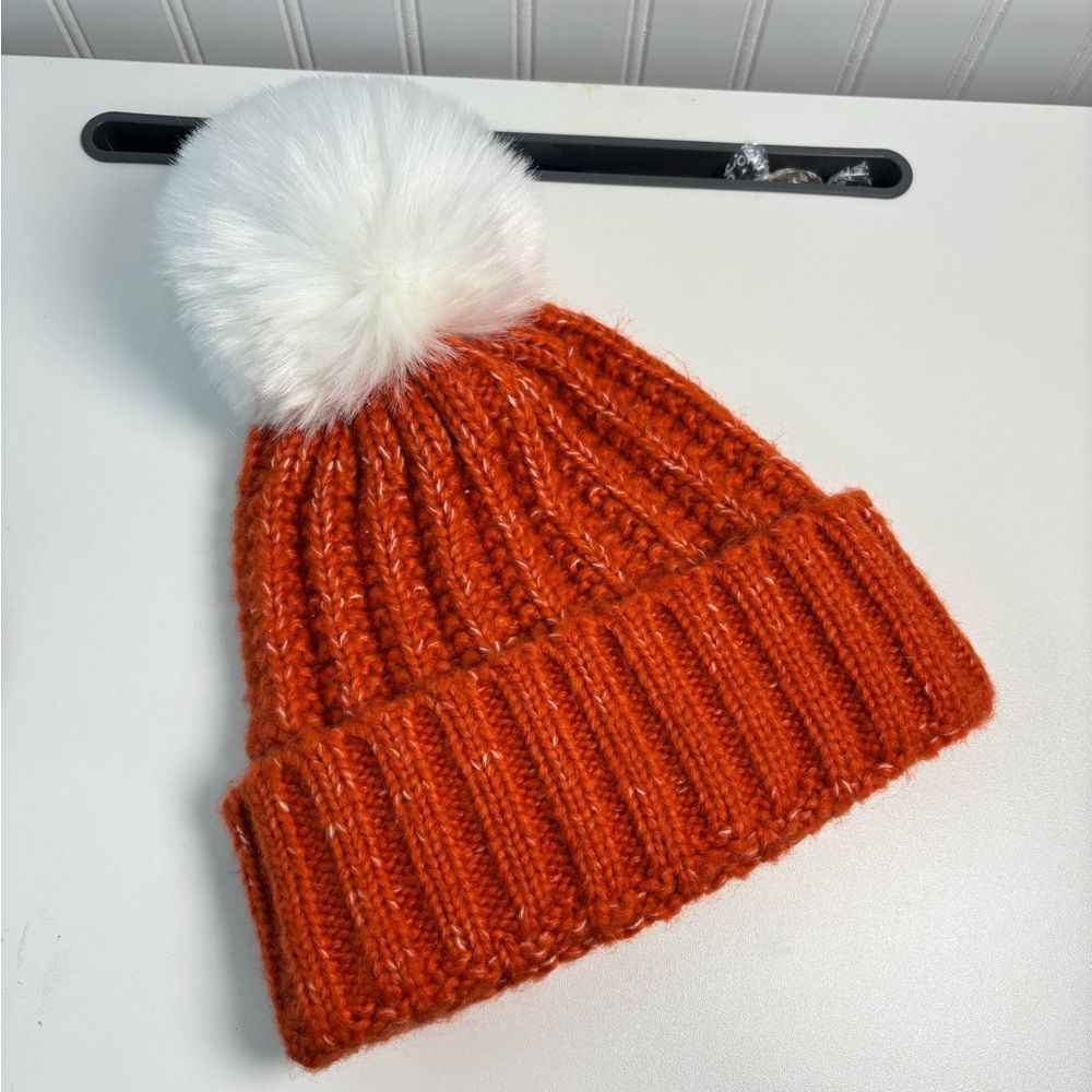 Free People big sky Pom Pom Vibrant redOrange Knit Hat with Fluffy White Pom-Pom